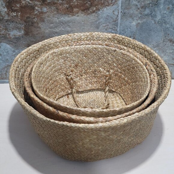 Nested  Woven Seagrass Baskets Rounded Belly Foldable Handles Set of 3 - Picture 1 of 13